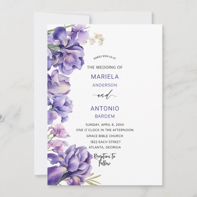 Wasserfarben Iris Lilac Floral Wasserfarbene Hochz Einladung (Vorderseite)