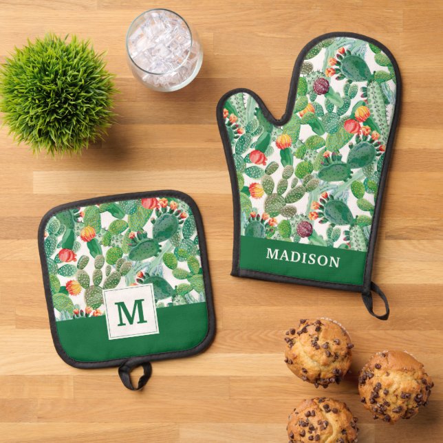 Wasserfarben-Kaktusmuster Ofenhandschuh & Topflappen-Set (Oben Unten)