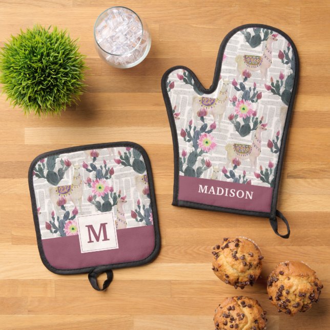 Wasserfarben-Kaktusmuster Ofenhandschuh & Topflappen-Set (Oben Unten)