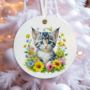 Wasserfarben-Kätzchen-Blumen Personalisiertes Weih Ornament Aus Metall