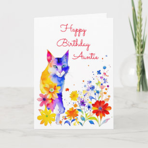 Wasserfarben-Katze und Blumen personalisierter Geb Karte