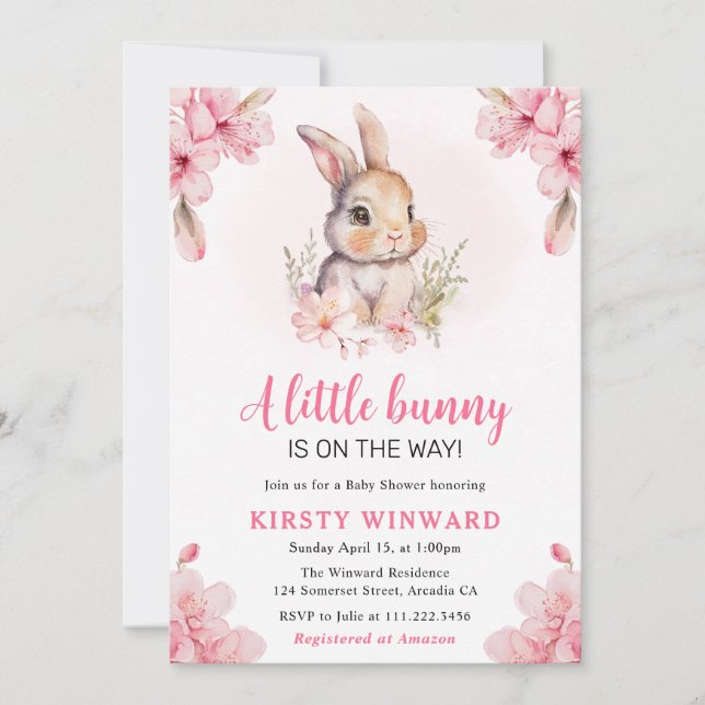 Wasserfarben Kirschblüten Kaninchendusche Einladung (Vorderseite)