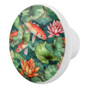 Wasserfarben-Koi- und Wasserlilien-Keramik Keramikknauf