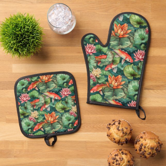 Wasserfarben Koi & Water Lilies Ofenhandschuh & Topflappen-Set (Oben Unten)