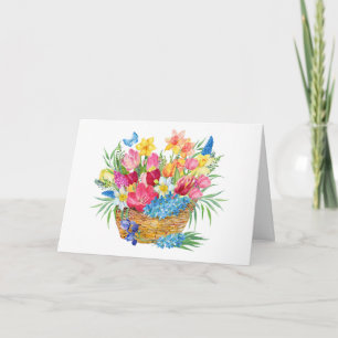 Wasserfarben-Korb mit Frühlingsblumen Karte