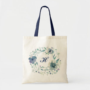 Wasserfarben-Kranz Dusty Blue Elegant Monogramm Tragetasche