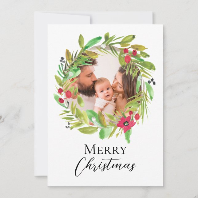 Wasserfarben Kranz Familie Foto Frohe Weihnachten (Vorderseite)