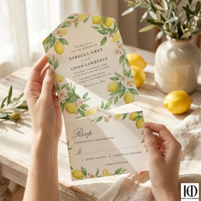 Wasserfarben-Kranz Mittelmeer-Zitrus Hochzeit All-in-One-Einladung (Von Creator hochgeladen)
