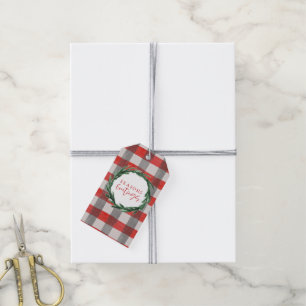 Wasserfarben-Kranz und Karo Weihnachten Geschenkanhänger