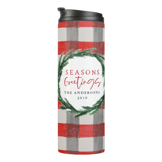 Wasserfarben-Kranz und Karo Weihnachtsgeschenk Thermosbecher (Nach rechts gedreht)