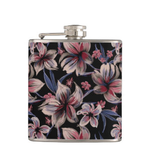 Wasserfarben Krimson Floral auf schwarz Flachmann