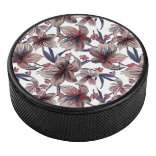 Wasserfarben Krimson Floral auf Weiß Eishockey Puck
