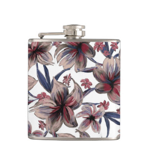 Wasserfarben Krimson Floral auf Weiß Flachmann
