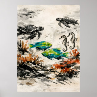 Wasserfarben-Kunst des Riff-Meereslebens mit Meere Poster