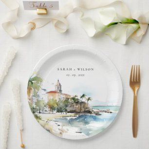 Wasserfarben-Landschaft-Hochzeit in San Juan Puert Pappteller