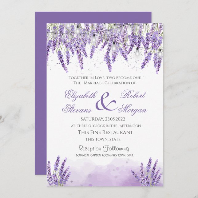 Wasserfarben Lavander Blume String Lights Hochzeit Einladung (Vorne/Hinten)