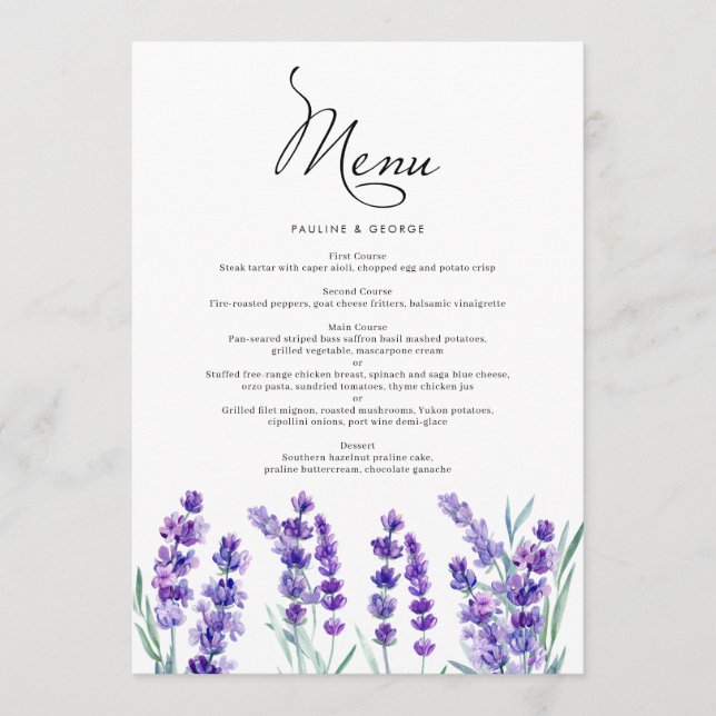 Wasserfarben Lavendel Blume Frühjahrssehen Menükarte (Vorderseite)