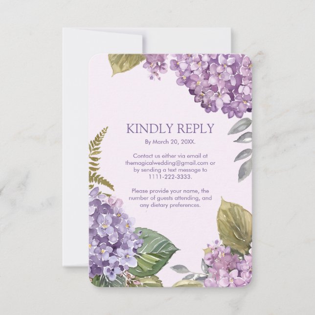 Wasserfarben-Lavendel-Hydrangea-Blume Hochzeit RSVP Karte (Vorderseite)