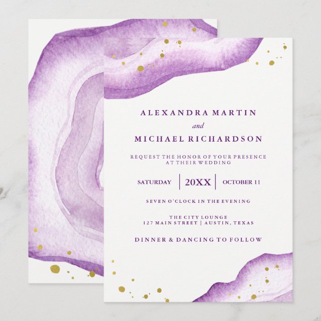 Wasserfarben-Lavendel und Goldgeode-Hochzeit II Einladung (Vorne/Hinten)