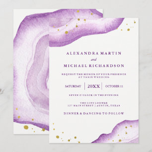 Wasserfarben-Lavendel und Goldgeode-Hochzeit II Einladung
