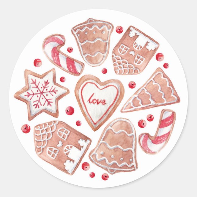 Wasserfarben-Lebkuchen Weihnachten Runder Aufkleber (Vorderseite)