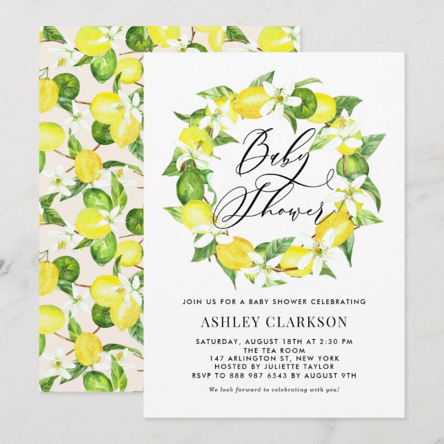 Wasserfarben Lemon Blossom Wreath Babydusche Einladung (Vorne/Hinten)