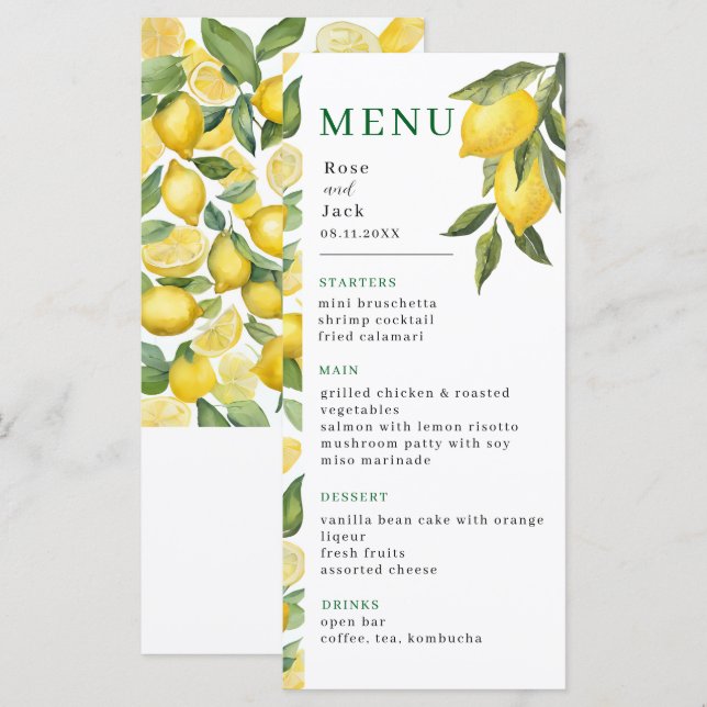 Wasserfarben Lemon Garden Wedding Menükarte (Vorne/Hinten)