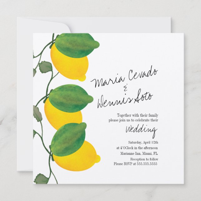 Wasserfarben Lemon Limon Citrus Script Wedding Kra Einladung (Vorderseite)