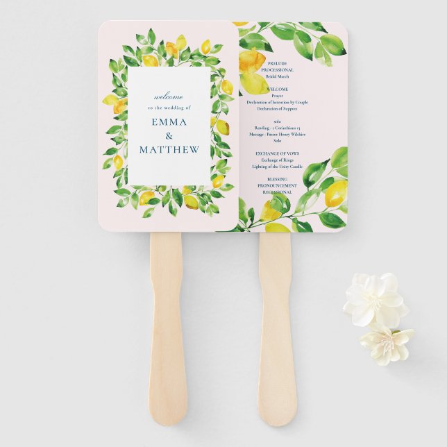 Wasserfarben Lemon Mittelmeer Sommerhochzeit Fächer (Vorne und Hinten)