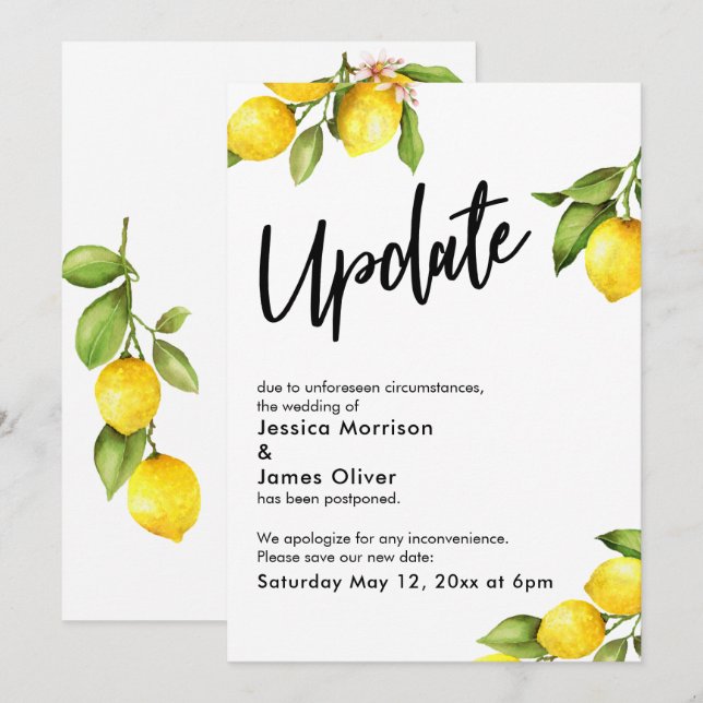 Wasserfarben-Lemonen - Hochzeitsaktualisierungskar Einladung (Vorne/Hinten)