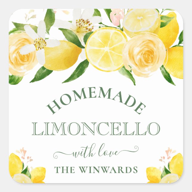 Wasserfarben Lemons Homemade Limoncello Quadratischer Aufkleber (Vorderseite)