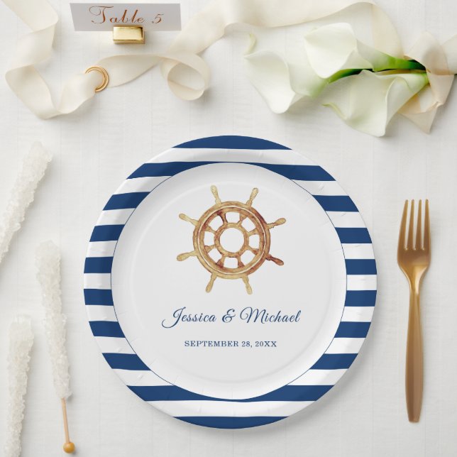 Wasserfarben-Lenkrad für Nautische Streifen Pappteller (Hochzeit)