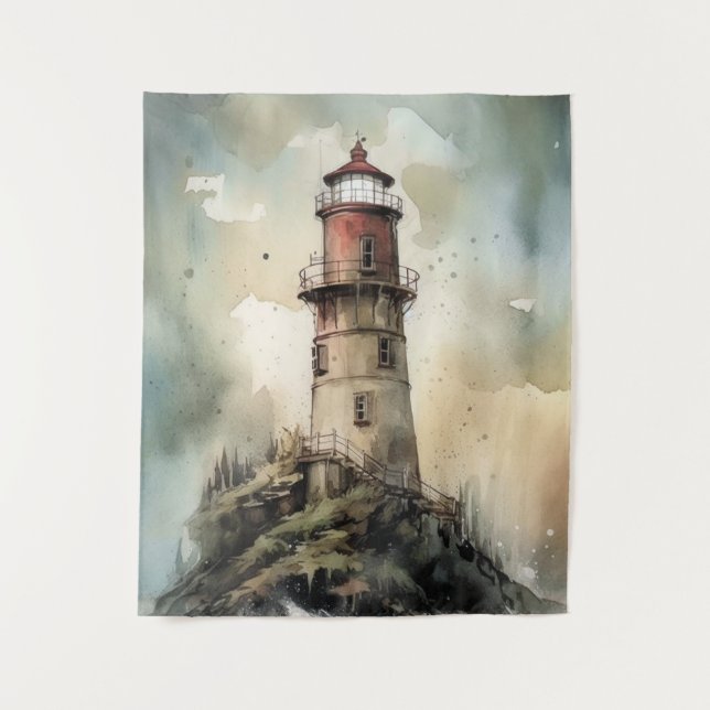 Wasserfarben Leuchtturm Mauer Tapisserie Dekoratio Wandteppich (Vorderseite)