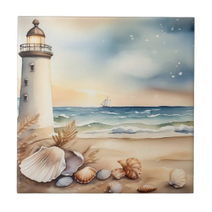 Wasserfarben Leuchtturm und Strand Fliese
