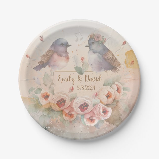 Wasserfarben lieben Vögel mit Rose für Hochzeiten Pappteller (Vorderseite)