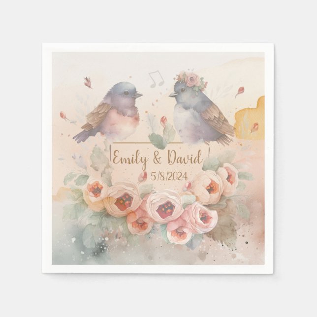 Wasserfarben lieben Vögel mit Rose für Hochzeiten Serviette (Vorderseite)