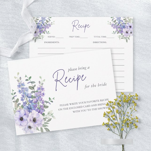 Wasserfarben Lila Blume Brautparty Rezept Karte (Watercolor Purple Flower Bridal Shower Recipe Card)