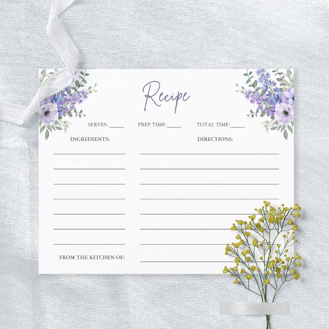 Wasserfarben Lila Blume Brautparty Rezept Karte (Watercolor Purple Flower Bridal Shower Recipe Card)