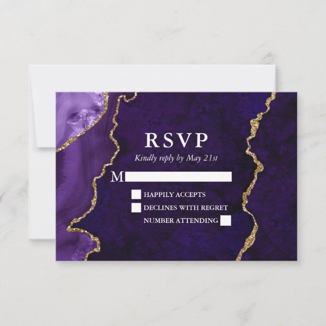 Wasserfarben Lila Goldmarmorne Agate Geode Wedding RSVP Karte (Vorderseite)
