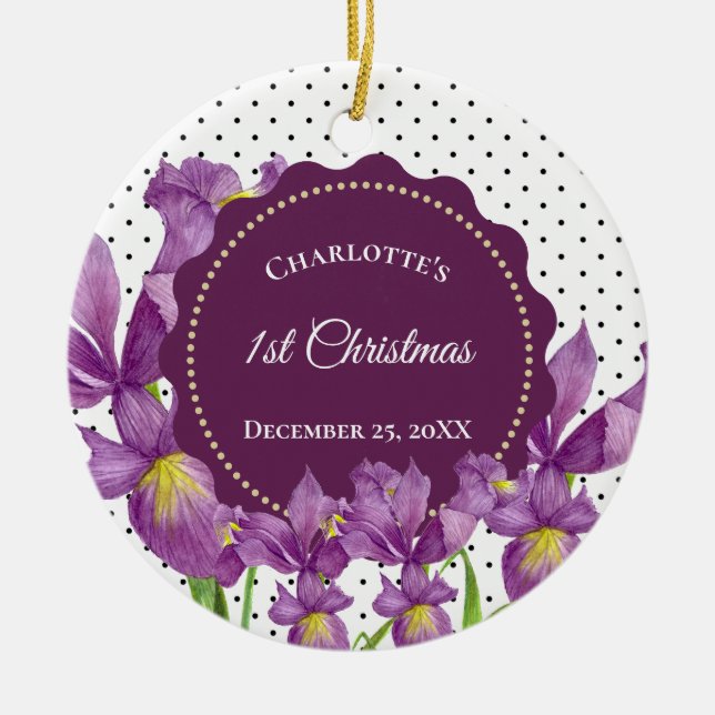 Wasserfarben Lila Iris Botanische Polka Dots Keramik Ornament (Vorne)