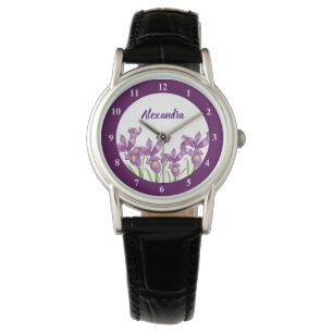 Wasserfarben Lila Iris Botanische Weißzahlen Armbanduhr