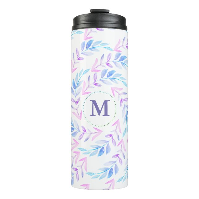 Wasserfarben Lila Laurels Foliage mit Initial Thermosbecher (Vorderseite)