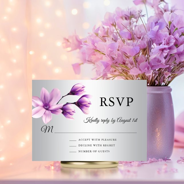 Wasserfarben Lila Lavendel RSVP Karte (Watercolor Magnolia Flower Purple Lavender Grey Wedding RSVP Card)
