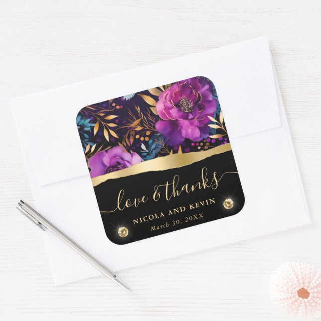 Wasserfarben Lila und Aquamarine Blume Hochzeit Quadratischer Aufkleber (Umschlag)