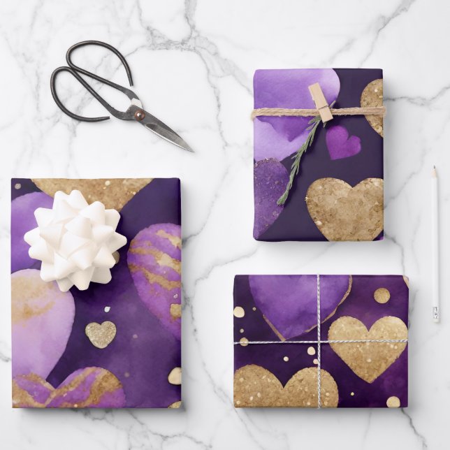 Wasserfarben, Lila und Goldfarben - Kunst Geschenkpapier Set (Vorderseite)