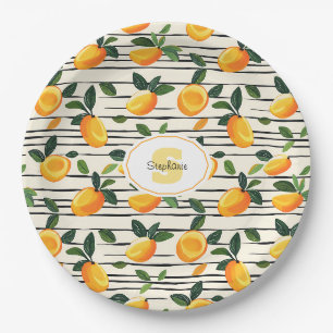 Wasserfarben-Mango-Muster mit grünen Blätter Pappteller