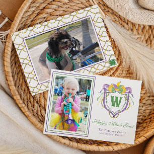Wasserfarben-Mardi-Gras-Monogrammwappen-Foto Feiertagskarte