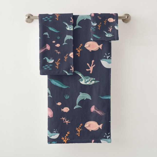 Wasserfarben Meerestiere Blaues Muster Badhandtuch Set (Insitu)