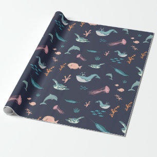 Wasserfarben Meerestiere Blaues Muster Geschenkpapier