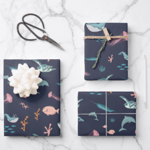 Wasserfarben Meerestiere Blaues Muster Geschenkpapier Set